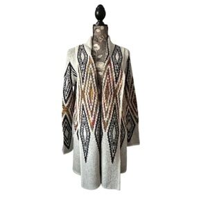 Woven Heart Women's L Tan & Brown Sleeved Boho Open Front Knit Cardigan Sweater